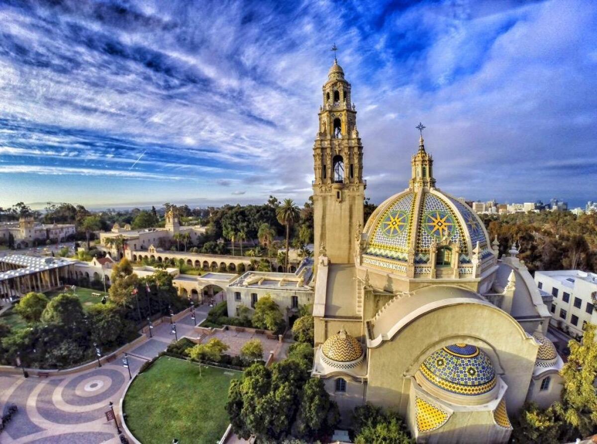 Overall view of Balboa Park and the California Tower.