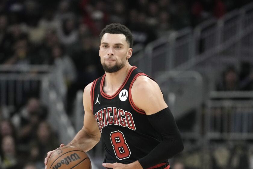 Chicago Bulls' Zach LaVine during the second half of an NBA basketball game against the Milwaukee Bucks Monday, Nov. 13, 2023, in Milwaukee. The Bucks won 118-109. (AP Photo/Morry Gash)