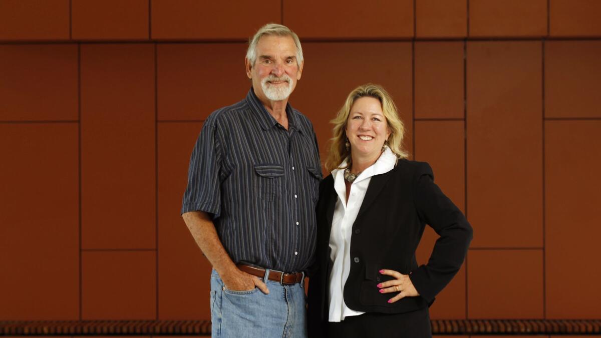 Tom Patterson and Steffanie Strathdee photographed in 2017 after Patterson overcame a superbug infection with the help of specially-selected bacteriophages. Strathdee now co-chairs a new phage center at UC San Diego.