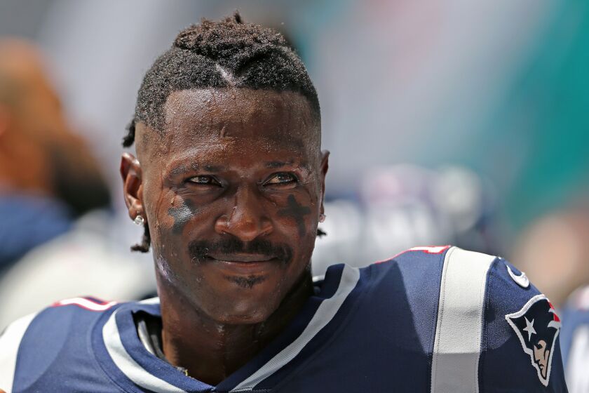 New England Patriots wide receiver Antonio Brown looks on before the start of a game against the Miami Dolphins at Hard Rock Stadium in Miami Gardens, Fla., on September 15 2019. (David Santiago/Miami Herald/Tribune News Service via Getty Images)