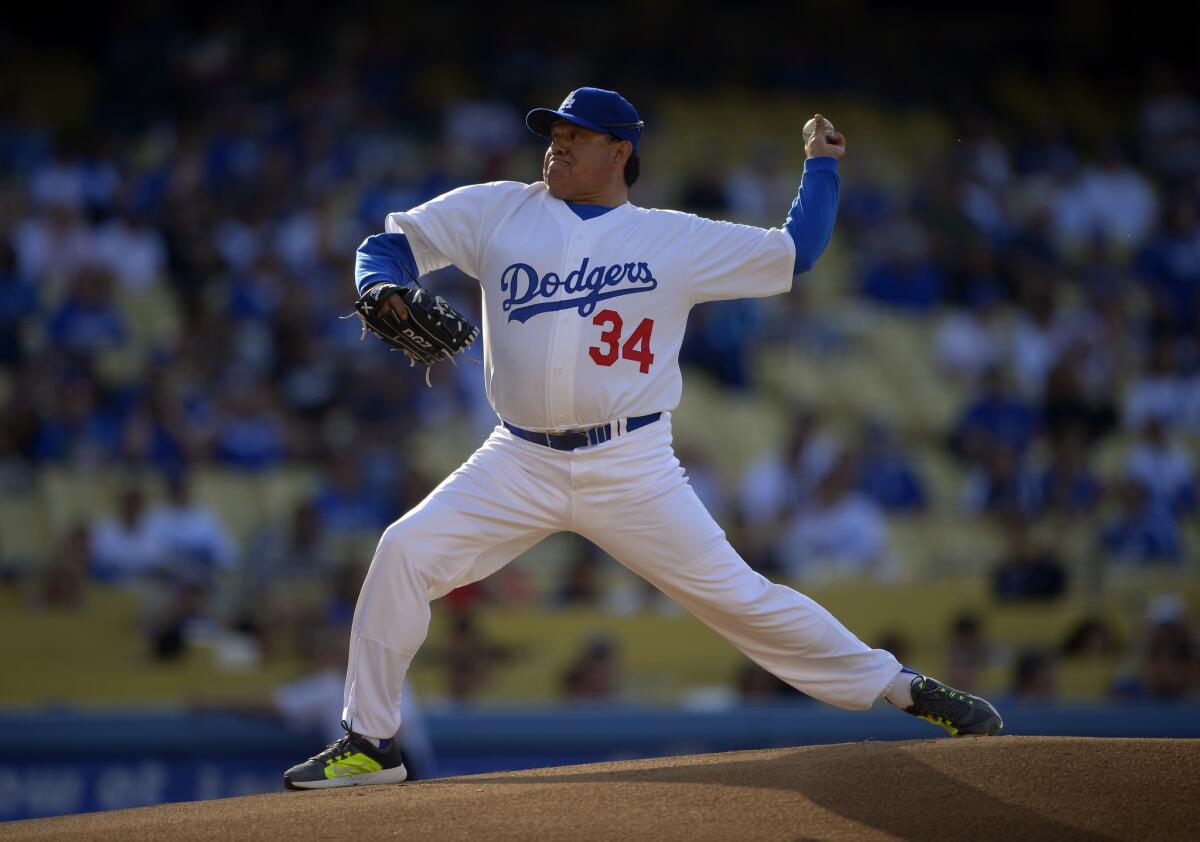 Fernando Valenzuela throws to the plate during the Old-Timers baseball game, Saturday, June 8, 2013, in Los Angeles.