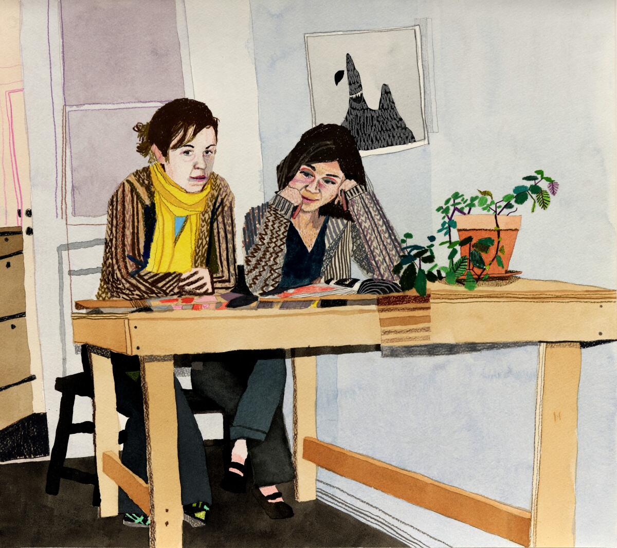 A drawing of two women sitting at a table