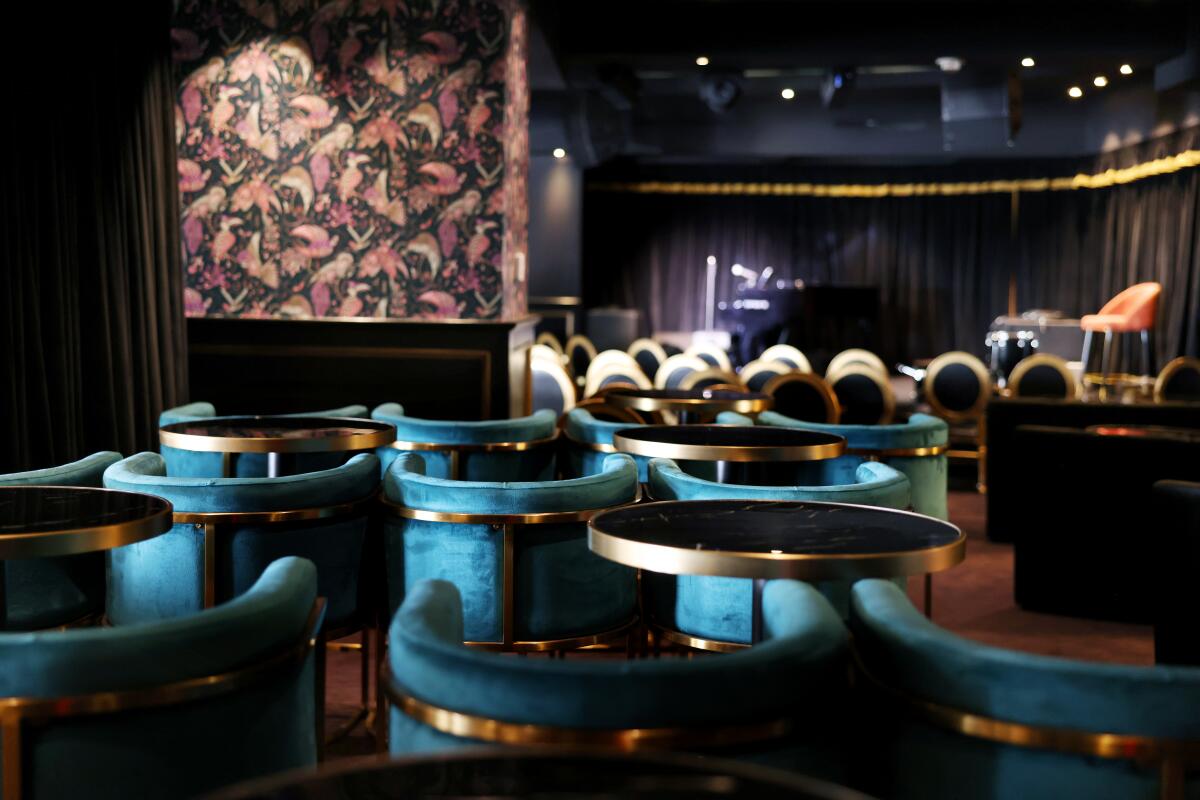 The interior of a fancy comedy club