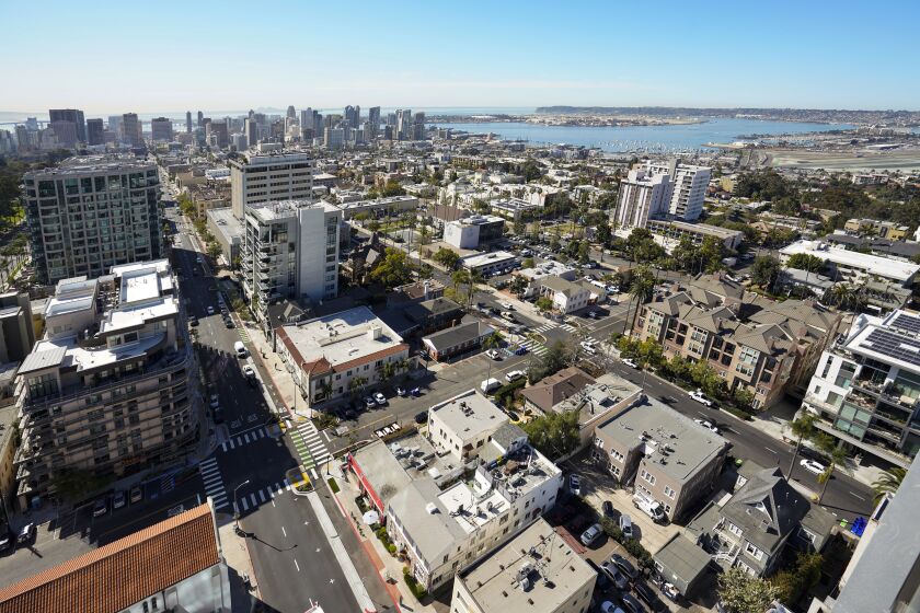 SAN DIEGO, CA - FEBRUARY 9: The view looking toward downtown and San Diego Bay from the 20th pool deck of 525 Olive, Greystar's new $100.2 million apartment tower in Bankers Hill Wednesday Feb. 9, 2022. It is set to open in April. (Howard Lipin / For The San Diego Union-Tribune)