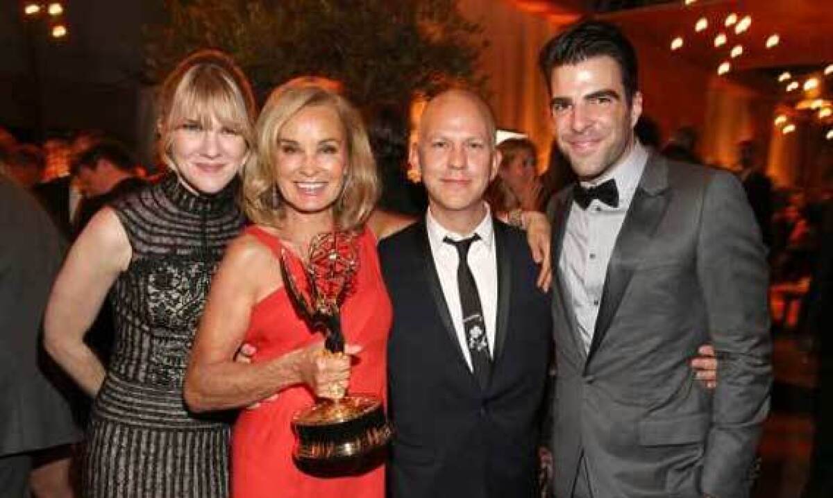 Lily Rabe, left, Jessica Lange, Ryan Murphy and Zachary Quinto attend a post-Emmy party in September 2012.