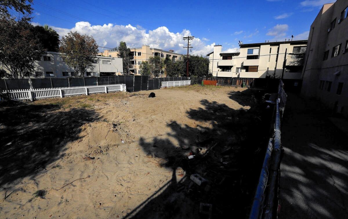 The empty lot at the interesection of Hermitage Avenue and Weddington Street in Valley Village was once an early home of Marilyn Monroe.