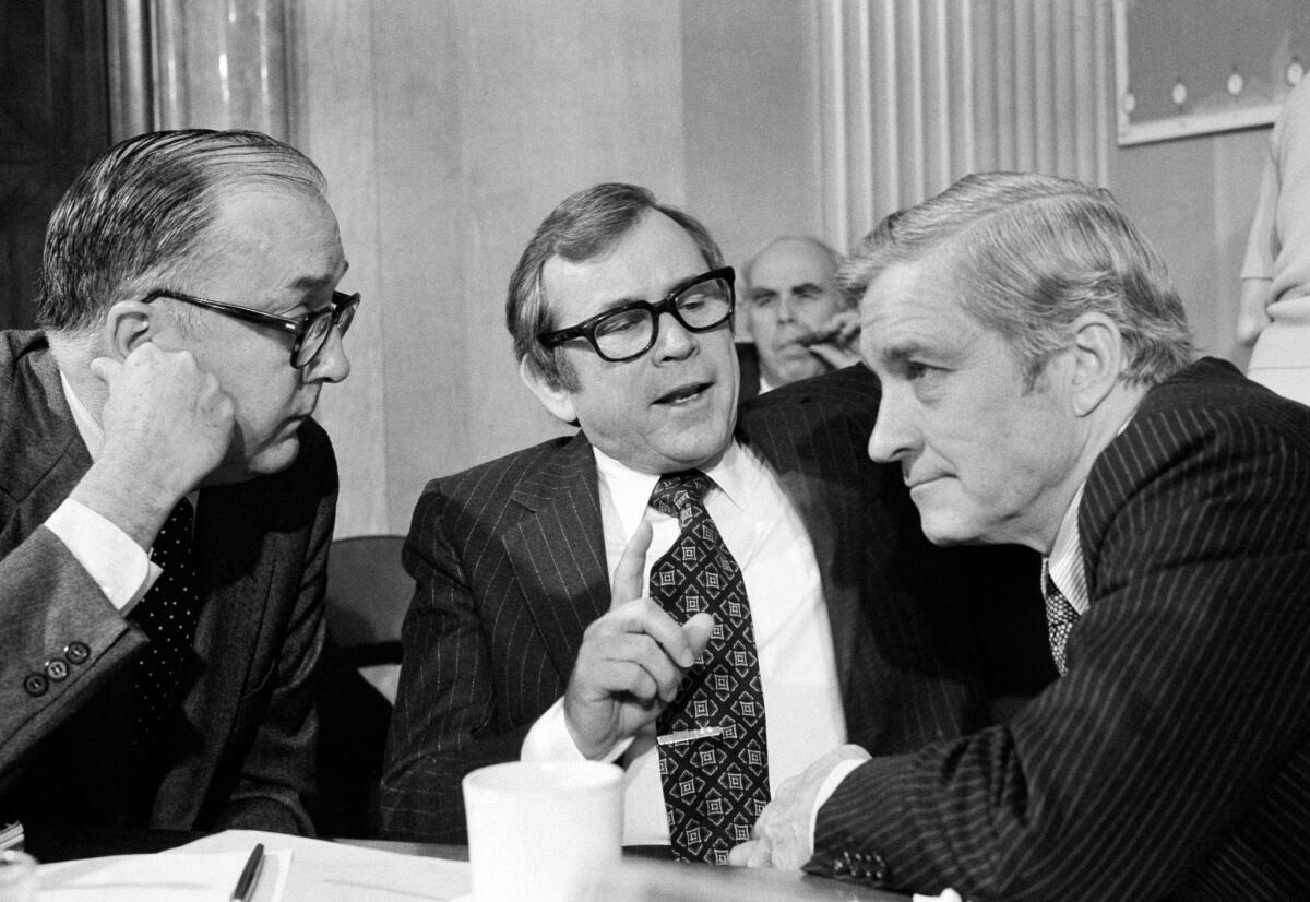 Sen. Howard Baker, center, in 1979 with colleagues Jesse Helms, left, and Charles Percy.