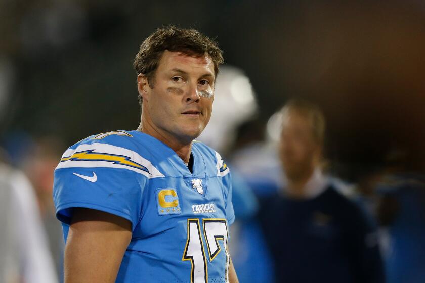 OAKLAND, CALIFORNIA - NOVEMBER 07: Philip Rivers #17 of the Los Angeles Chargers looks on from the sideline during the game against the Oakland Raiders at RingCentral Coliseum on November 07, 2019 in Oakland, California. (Photo by Lachlan Cunningham/Getty Images)