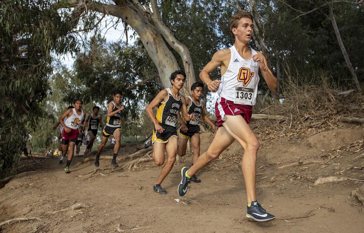 Ocean View High's Jason St. Pierre runs near the front of the pack in the Golden West League finals at Central Park in Huntington Beach on Nov. 1, 2018.