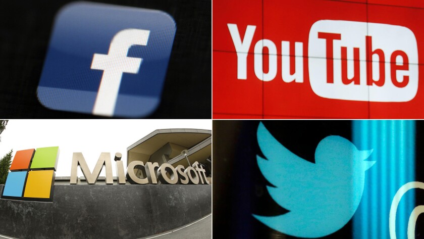 Facebook, YouTube, Microsoft and Twitter logos. 