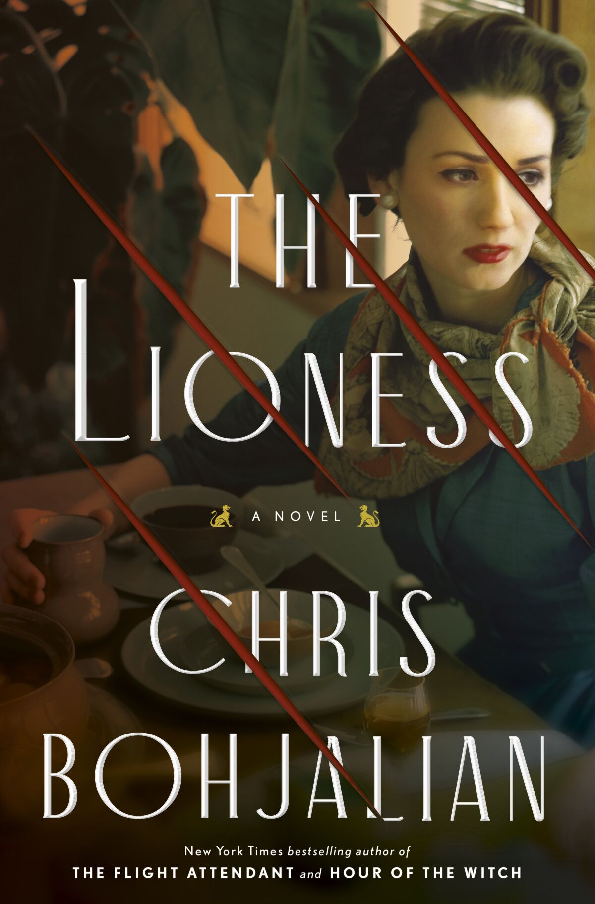 "The Lioness" book cover showing an unhappy woman and red slash marks across the cover title and picture
