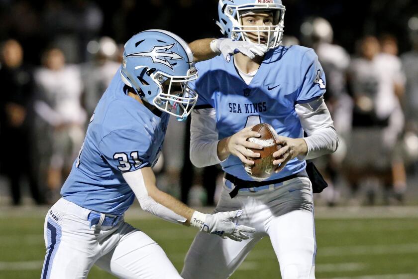 Corona del Mar quarterback Ethan Garbers sets up a play action pass in the CIF State Southern California Regional Division 1-A Bowl Game against Oceanside on Saturday. PHOTO BY CHRISTINE COTTER/CONTRIBUTING PHOTOGRAPHER
