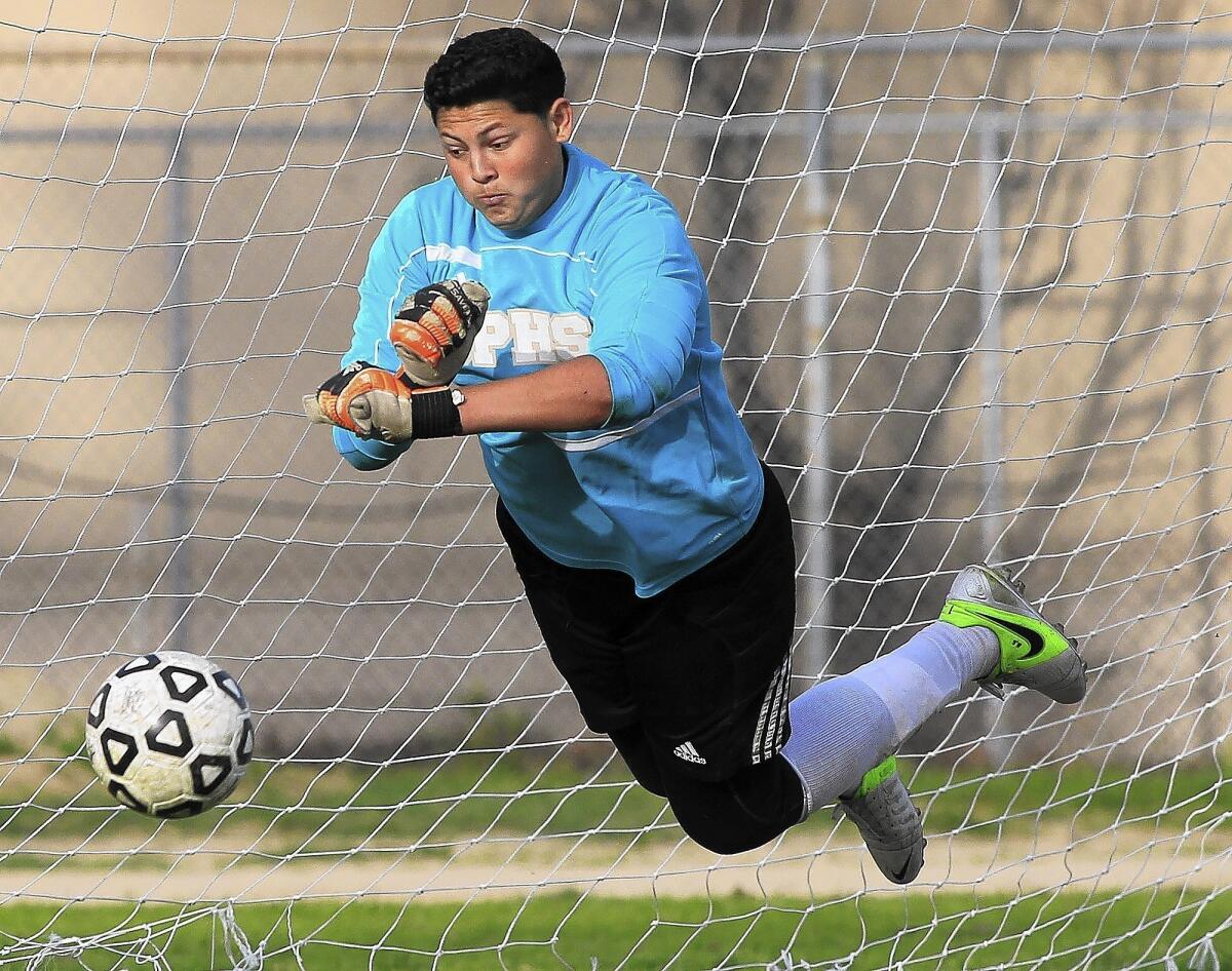 Canoga Park High School goalie Mauricio Garcia makes a diving save against Coronado earlier this week.
