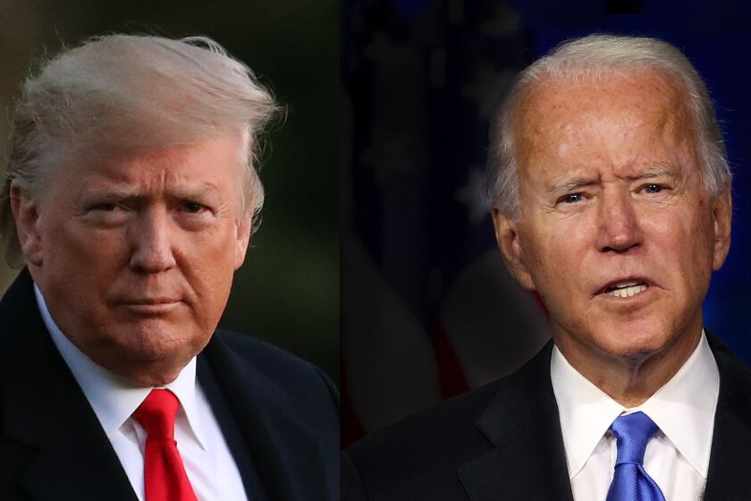 BATTLE FOR THE PRESIDENCY-Diptych photo of President Donald Trump and competitor  Joe Biden