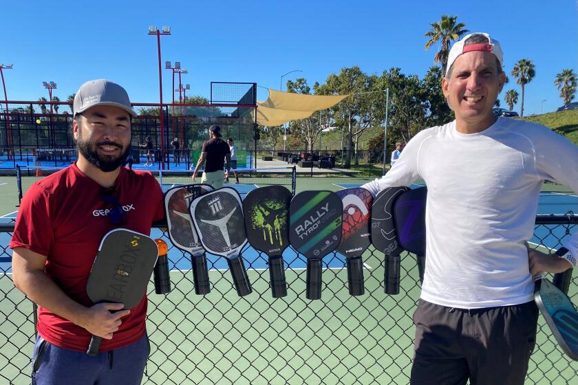 Pickleball instructors and advocates Mike Shinzaki (left) and Stefan Boyland