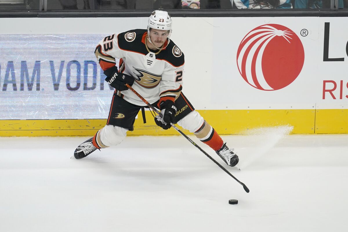 Ducks center Sam Steel controls the puck against the San Jose Sharks.