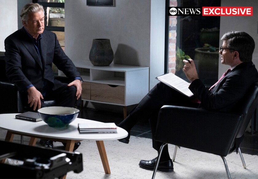 This image released by ABC News shows actor-producer Alec Baldwin, left, during an interview with “Good Morning America” co-anchor George Stephanopoulos. The hour-long interview about the fatal shooting on the set of Baldwin's film “Rust,” will air Thursday, Dec. 2 at 9 p.m. EST on ABC. (Jeffrey Neira/ABC News via AP)