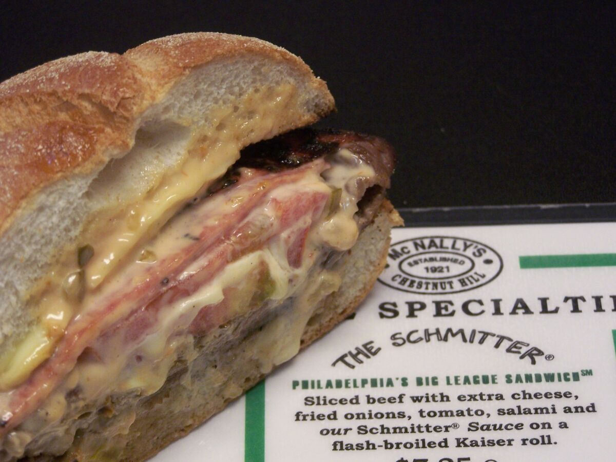 "The Schmitter" was created more than 50 years ago at McNally's Tavern. Referred to as Philadelphia's Big League Sandwich since appearing at Super Bowl XXXIX in 2005. Served only at the tavern and Lincoln Financial Field. (J. Pié)