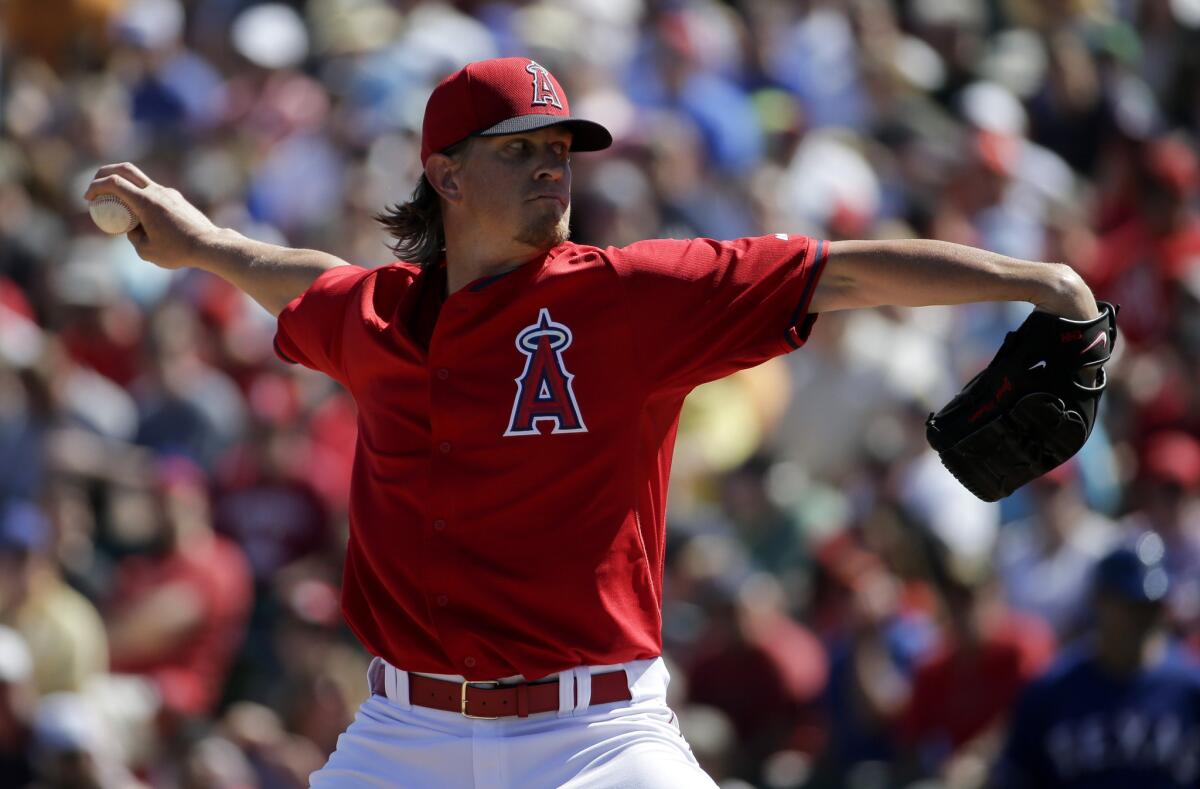 Angels starter Jered Weaver had an efficient five-inning outing against the Rangers in Monday's spring training game.