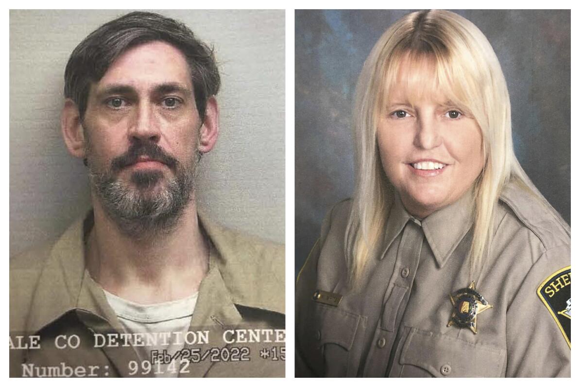 Mug shots of a man with dark hair and graying beard, left, and a woman with blond hair in khaki uniform with a badge 