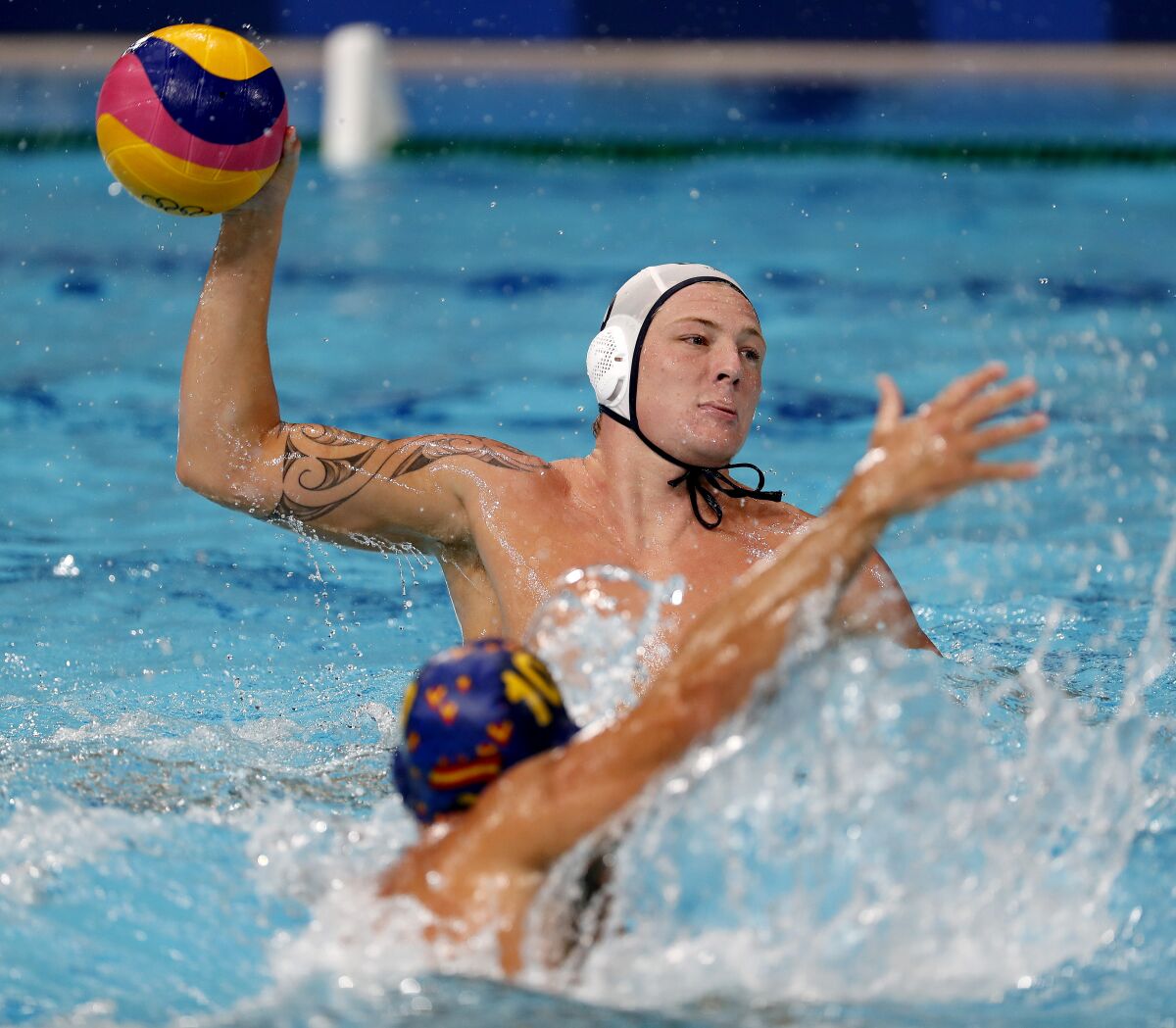 U.S. attacker Hannes Daube shoots and scores during a Olympic quarterfinal loss to Spain.