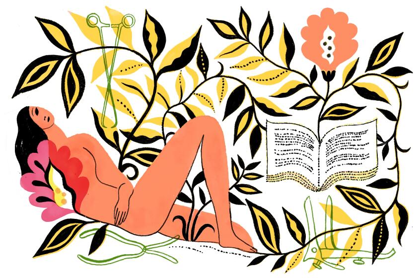 Illustration of a reclining figure surrounded by plants, flowers, a zine, and gynecological tools