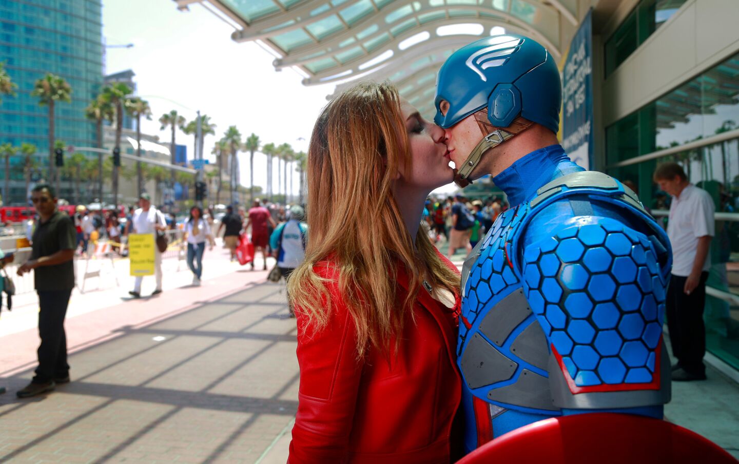 Kelsey Endter of Lake Tahoe and boyfriend Matt Mullis of San Diego dressed as Scarlet Witch and Captain America at Comic-Con in San Diego on July 20.