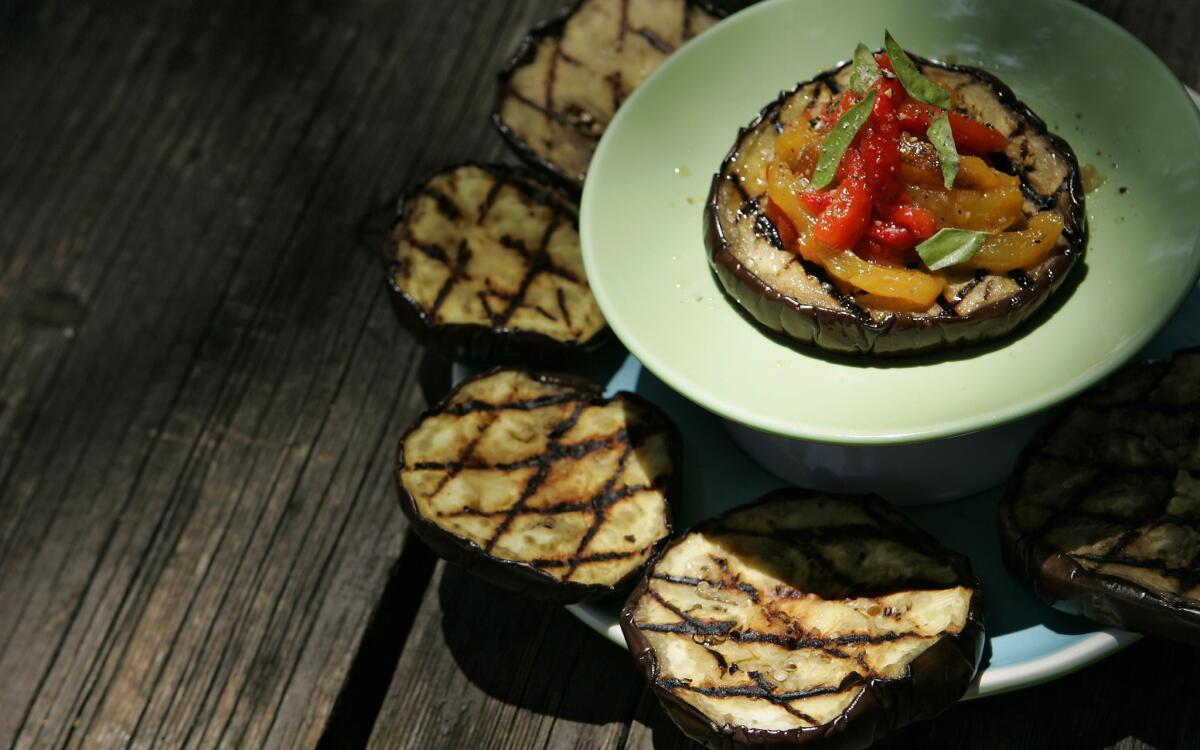 Grilled eggplant with red and yellow peppers