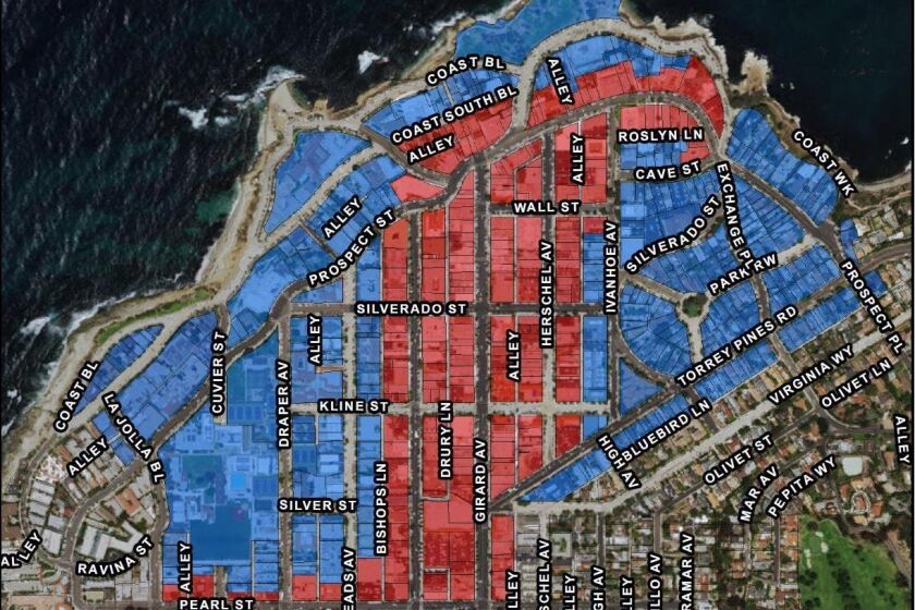 A map of the Commercial Zone (red) and Residential Zone (blue) in the proposed La Jolla Maintenanace Assessment District (MAD).