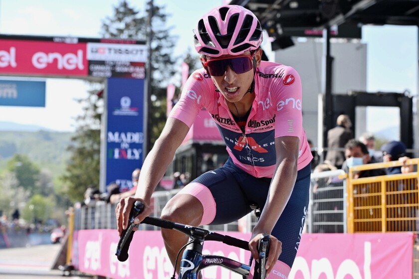 FILE - Colombia's Egan Bernal after completing the 17th stage of the Giro d'Italia cycling race, from Canazei to Sega Di Ala, Italy, May 26, 2021. Former Tour de France champion Egan Bernal was taken to a hospital in stable condition Monday Jan. 24, 2022, after a training crash in Colombia, his team said. In a brief statement, the Ineos Grenadiers team said the 25-year-old Colombian rider was conscious when arriving at the hospital. (Marco Alpozzi/LaPresse via AP, File)