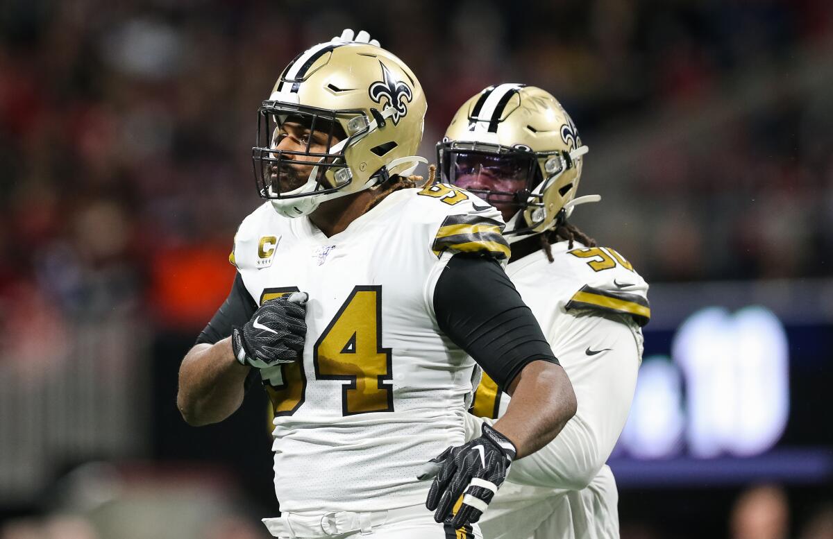 New Orleans Saints defensive end Cameron Jordan celebrates after making a tackle.