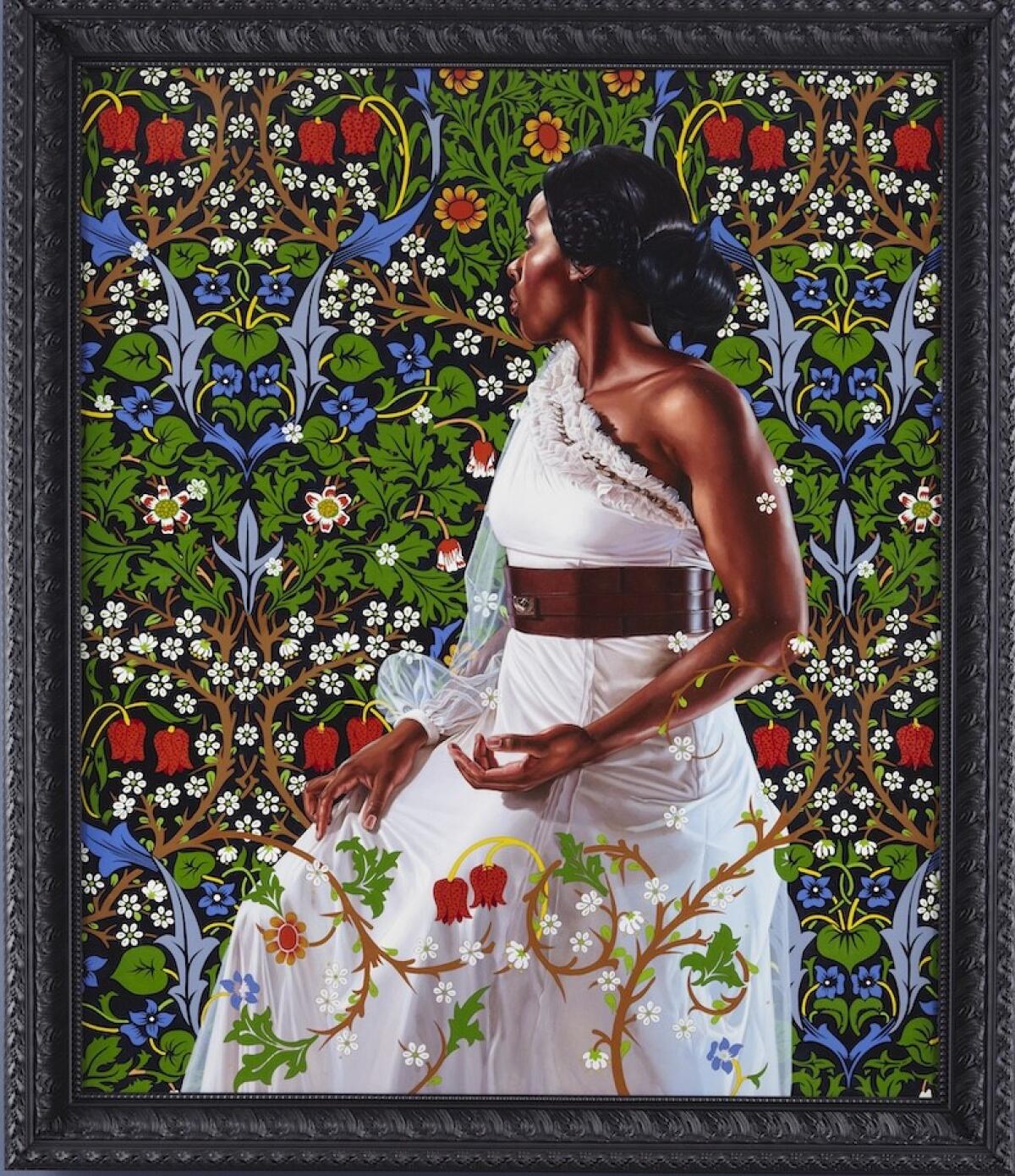 Kehinde Wiley's "Mrs. Siddons" is a 2012 portrait of a black woman in a white dress, looking away, with a floral background