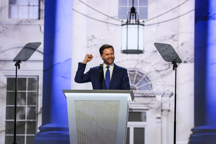 Milwaukee, Wisconsin, Wednesday, July 17, 2024 - Vice Presidential candidate J.D. Vance on stage during day three of the Republican National Convention at Fiserv Forum. (Robert Gauthier/Los Angeles Times)