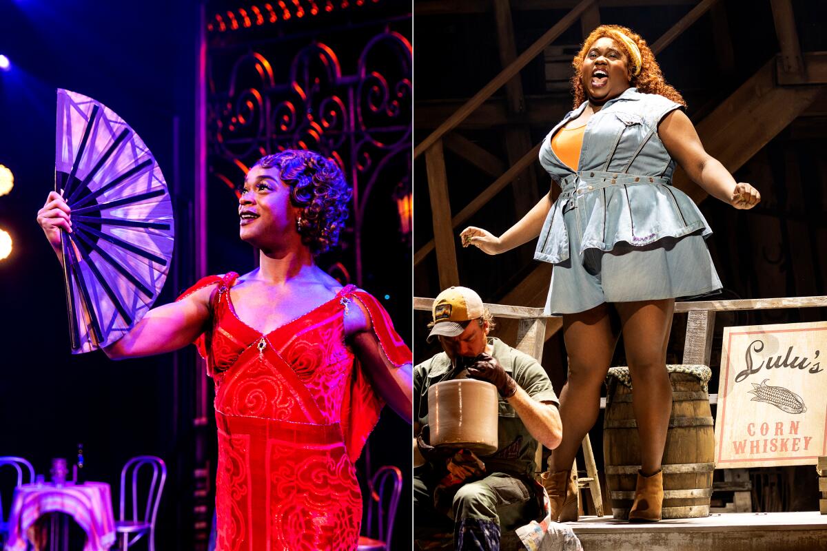 Two combined photos of J. Harrison Ghee as Jerry/Daphne in “Some Like It Hot," and Alex Newell as Lulu in “Shucked."