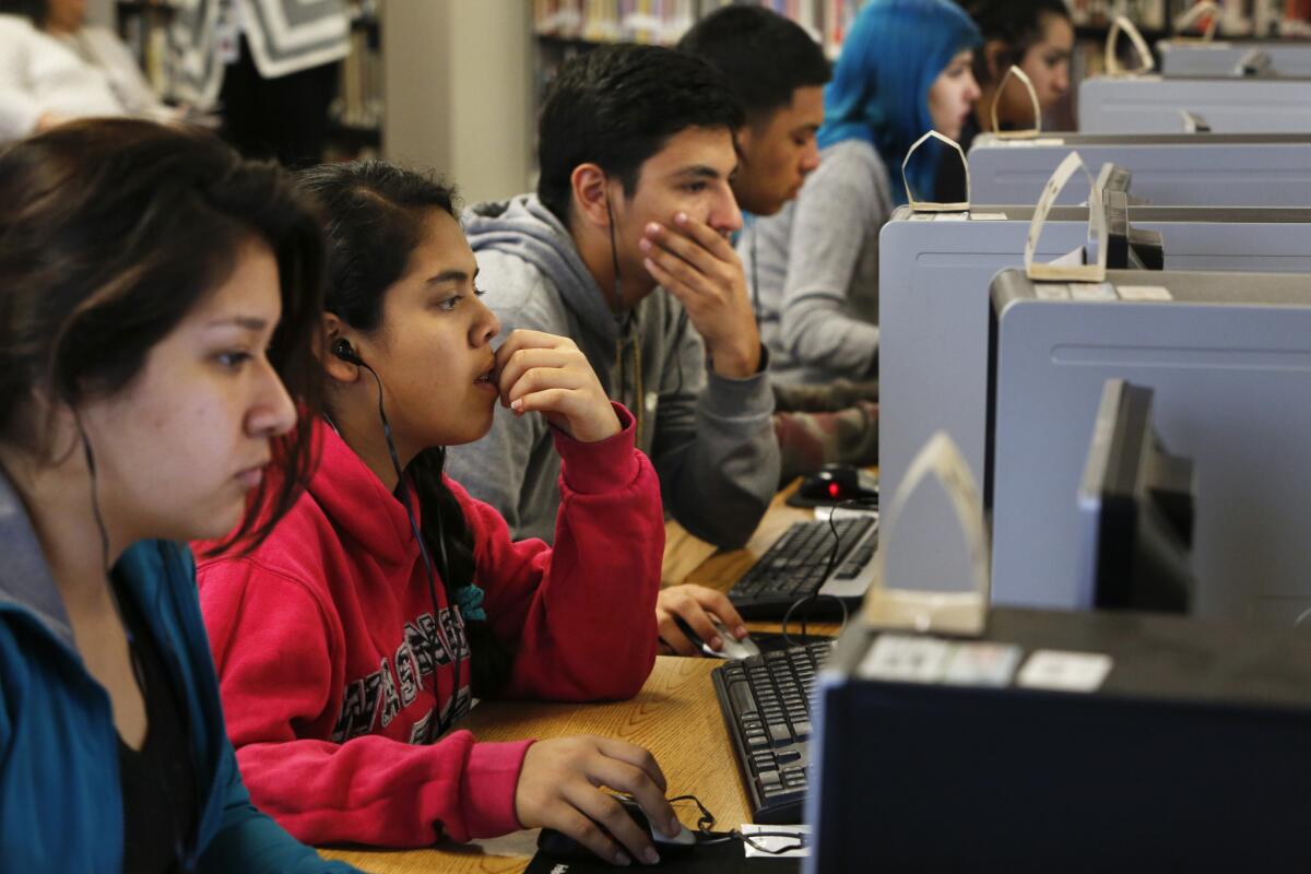 Eleventh-grade students at Francisco Bravo Senior High Medical Magnet School take a practice test for the new state standardized tests. The districtwide trial run on Feb. 19 had major problems.