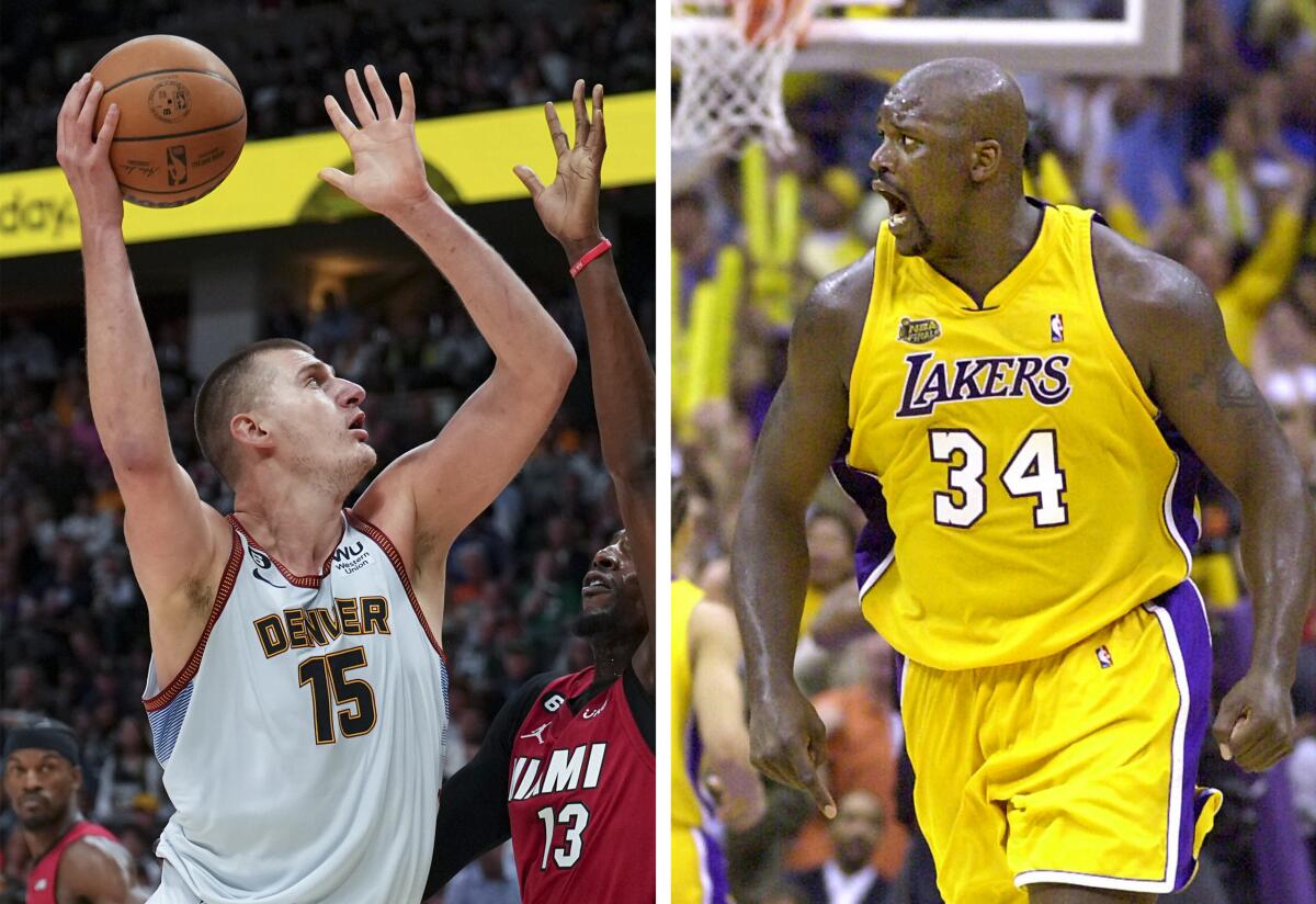 A split image of Nikola Jokic, left, and Shaquille O'Neal 