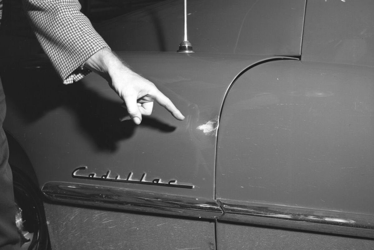 Bullet mark on Joan Bennett's Cadillac 