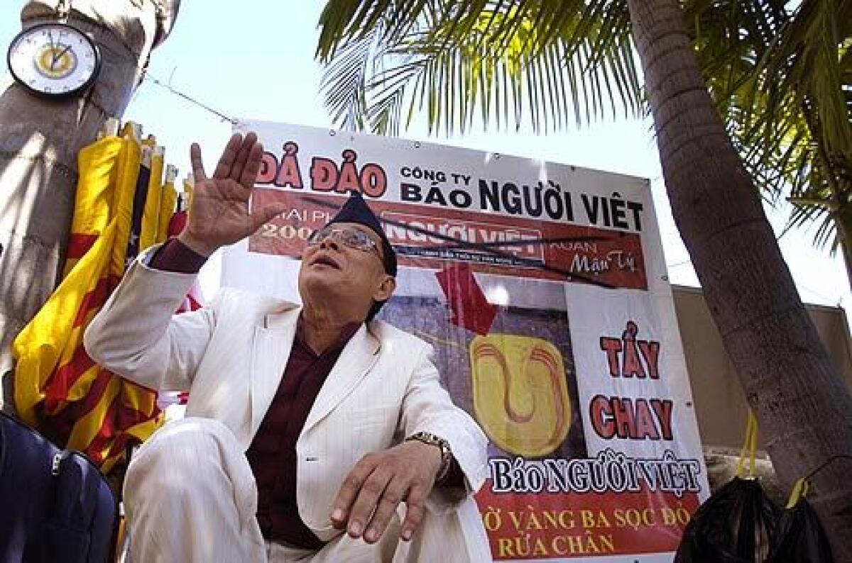 Ly Tong, an activist from San Jose, went on a hunger strike for three weeks to oppose the San Jose City Council's decision not to name the Vietnamese retail area Little Saigon. He joined a group protesting outside Nguoi Viet Daily News in Westminster over publication of a controversial piece of art.