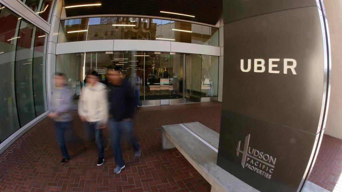 The Uber headquarters in San Francisco. The ride-hailing company could be forced to change how it classifies drivers based on a California Supreme Court ruling Monday.