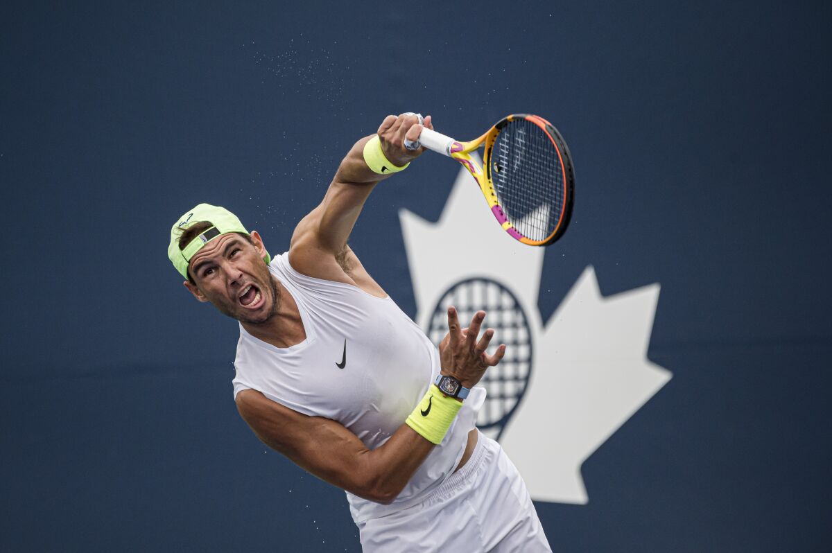 Spain's Rafael Nadal practices during at the men's National Bank Open tennis tournament, in Toronto on Tuesday, Aug., 10, 2021. (Christopher Katsarov/The Canadian Press via AP)