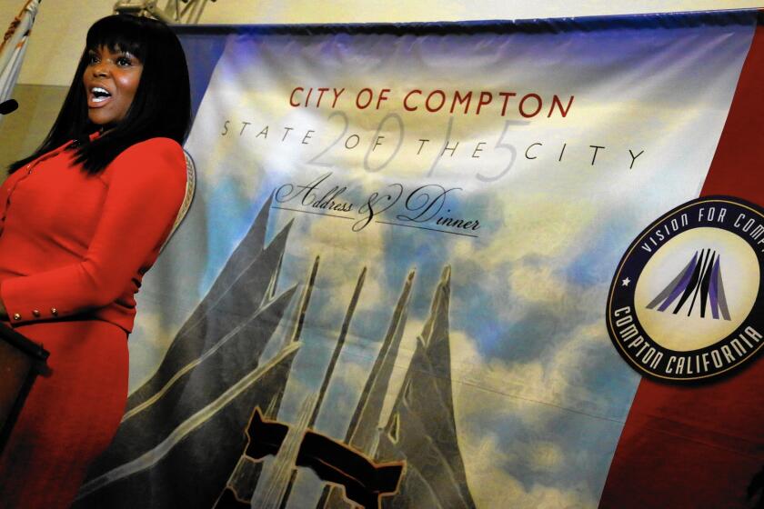Compton Mayor Aja Brown delivers her first State of the City address in July, which was delivered at a fundraiser for a nonprofit founded by the mayor and her husband.