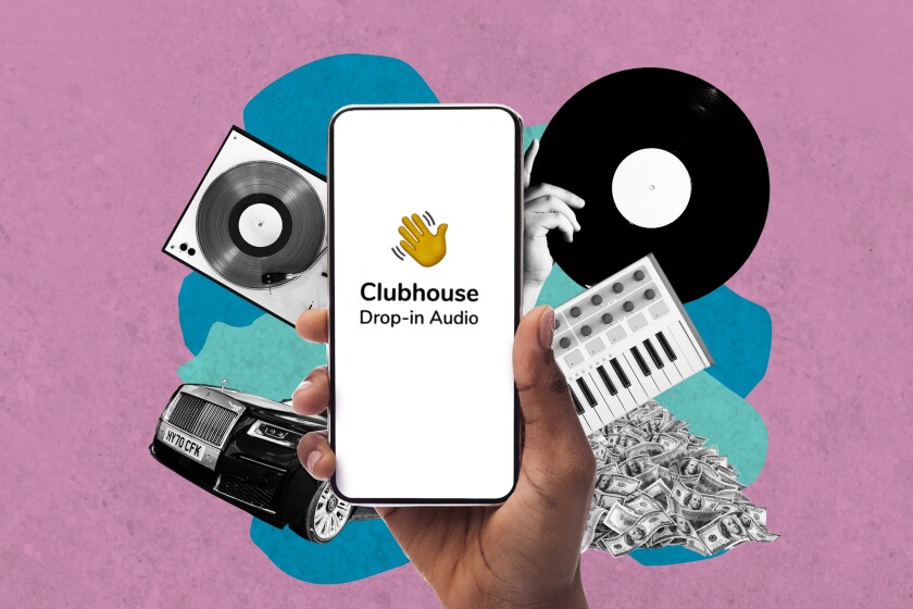 Illustration of Clubhouse on a cellphone screen with money, a car and CDs in the background.
