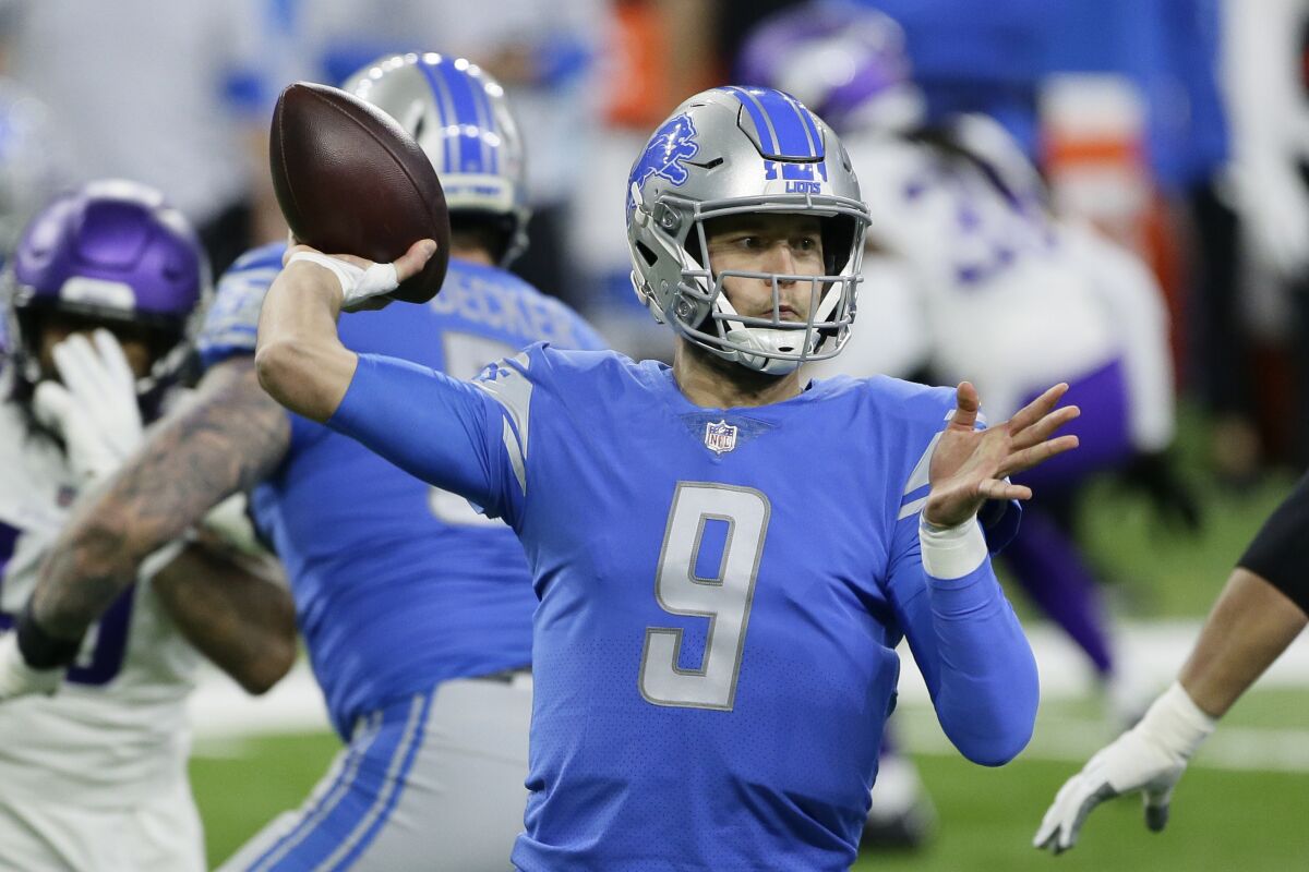 Matthew Stafford throws during a game between the Detroit Lions and Minnesota Vikings on Jan. 3.