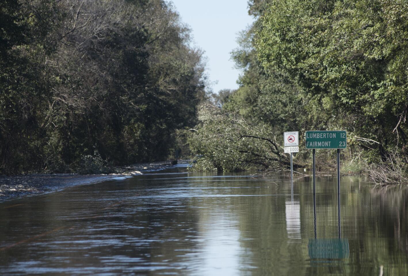 Floodwaters caused by rain from Hurricane Matthew block N.C. Highway 41 outside of Lumberton, N.C., on Oct. 10, 2016.