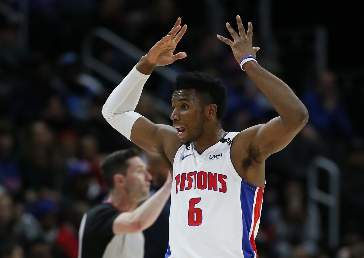 Detroit Pistons guard Hamidou Diallo (6) reacts after being whistled for a foul during the first half of the team's NBA basketball game against the Cleveland Cavaliers on Sunday, Nov. 27, 2022, in Detroit. (AP Photo/Duane Burleson)