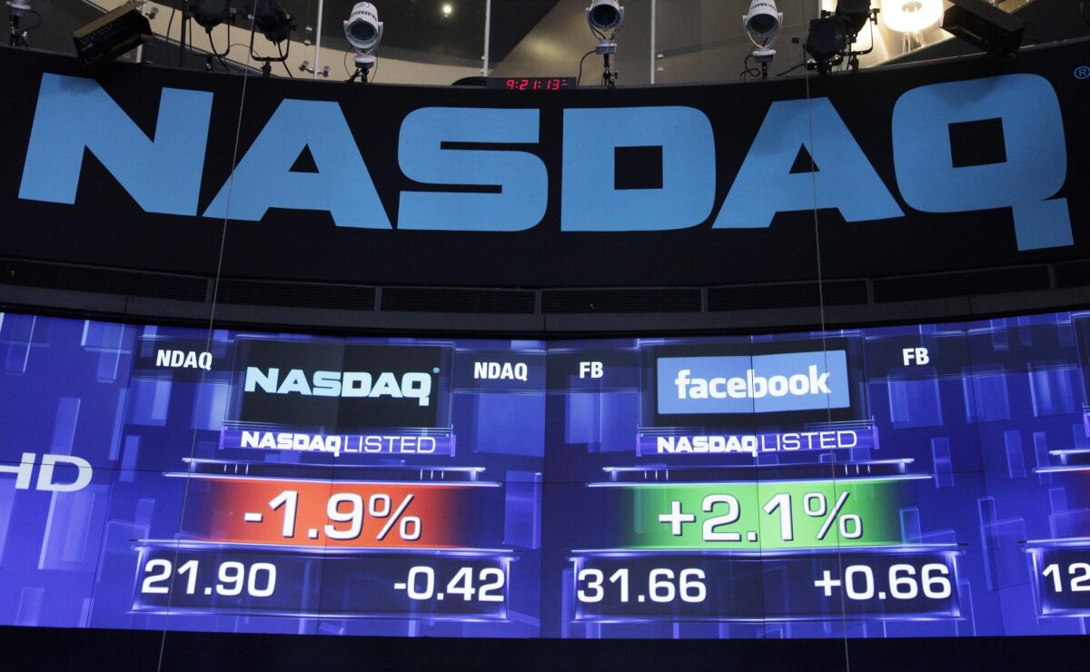 Nasdaq index and stock quotes on an electronic display