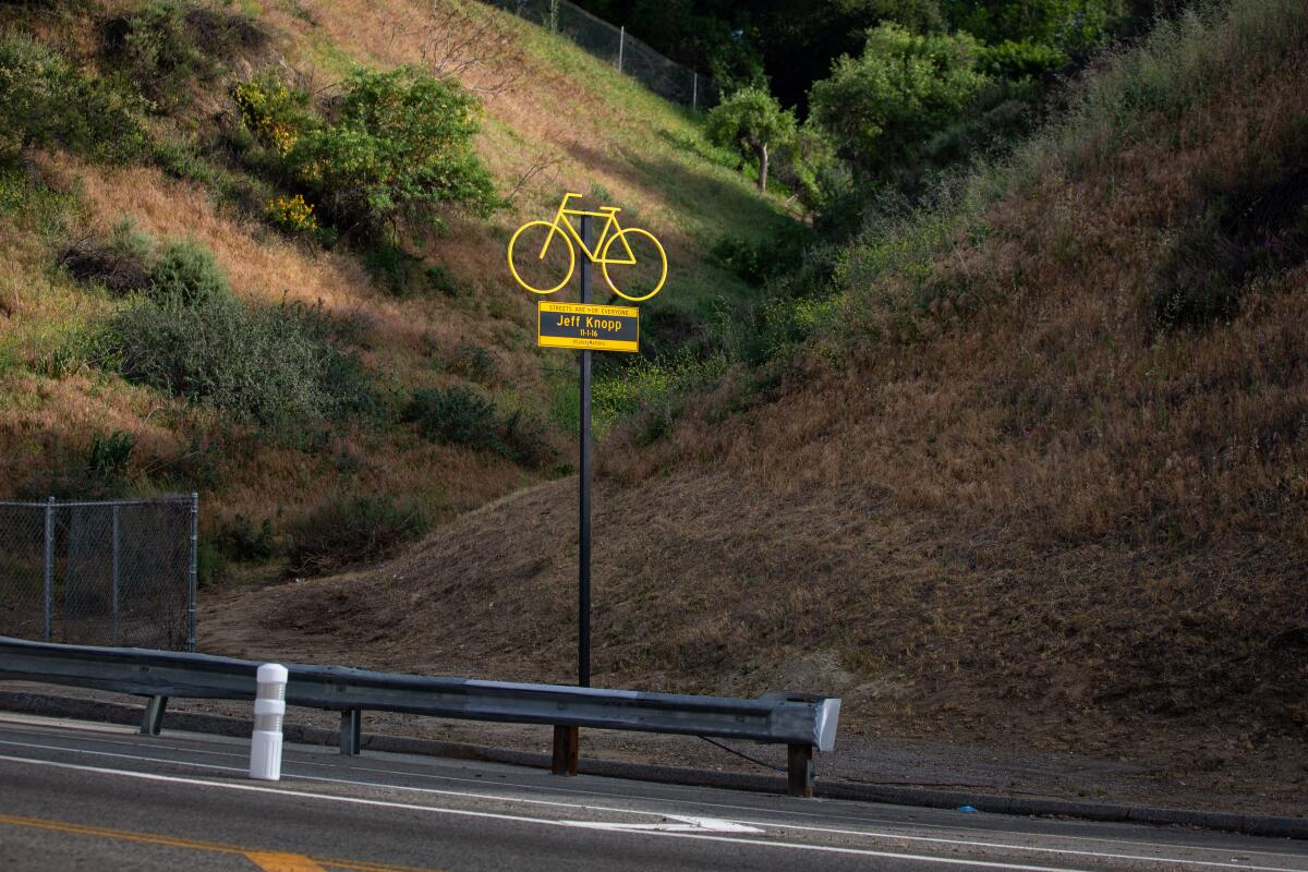 A sign with a bright yellow bicycle symbol alongside a roadway. 