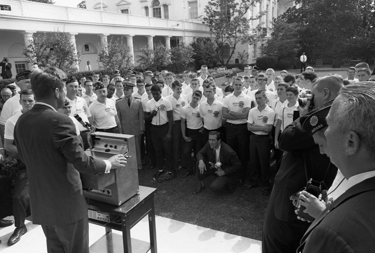 President John F. Kennedy addresses a group of young men at a Rose Garden ceremony for Boys Nation.