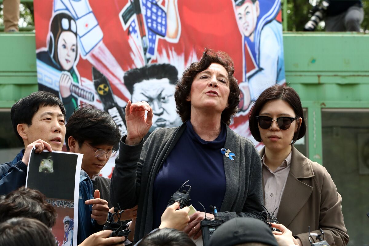 Human rights activist Suzanne Scholte speaks during an anti-North Korea rally in South Korea in May.