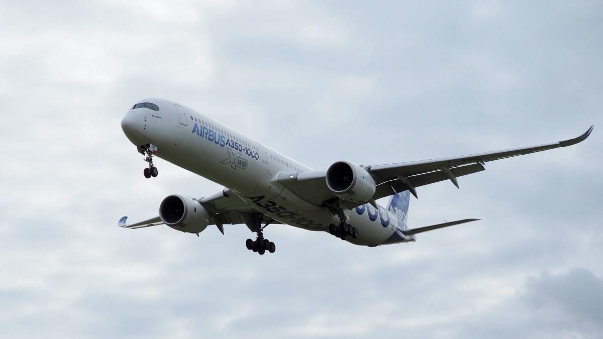 An Airbus A350-1000 conducts a test flight over the Chateauroux airport in central France in February.